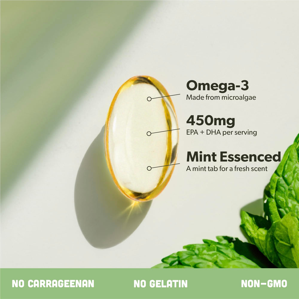 Sapling Omega-3 bottle with peppermint pack for minty opening and no fishy burps.