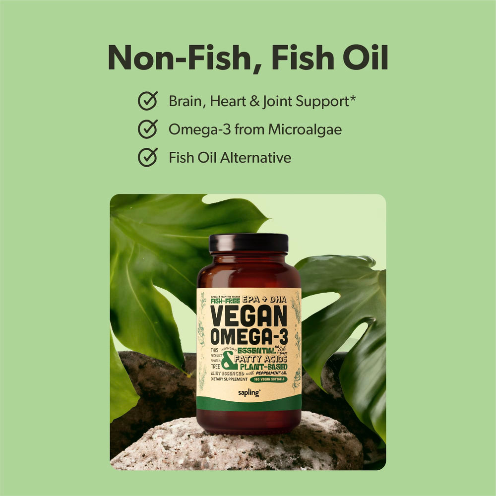 Sapling Omega-3 capsules close-up showing softgels with DHA and EPA.
