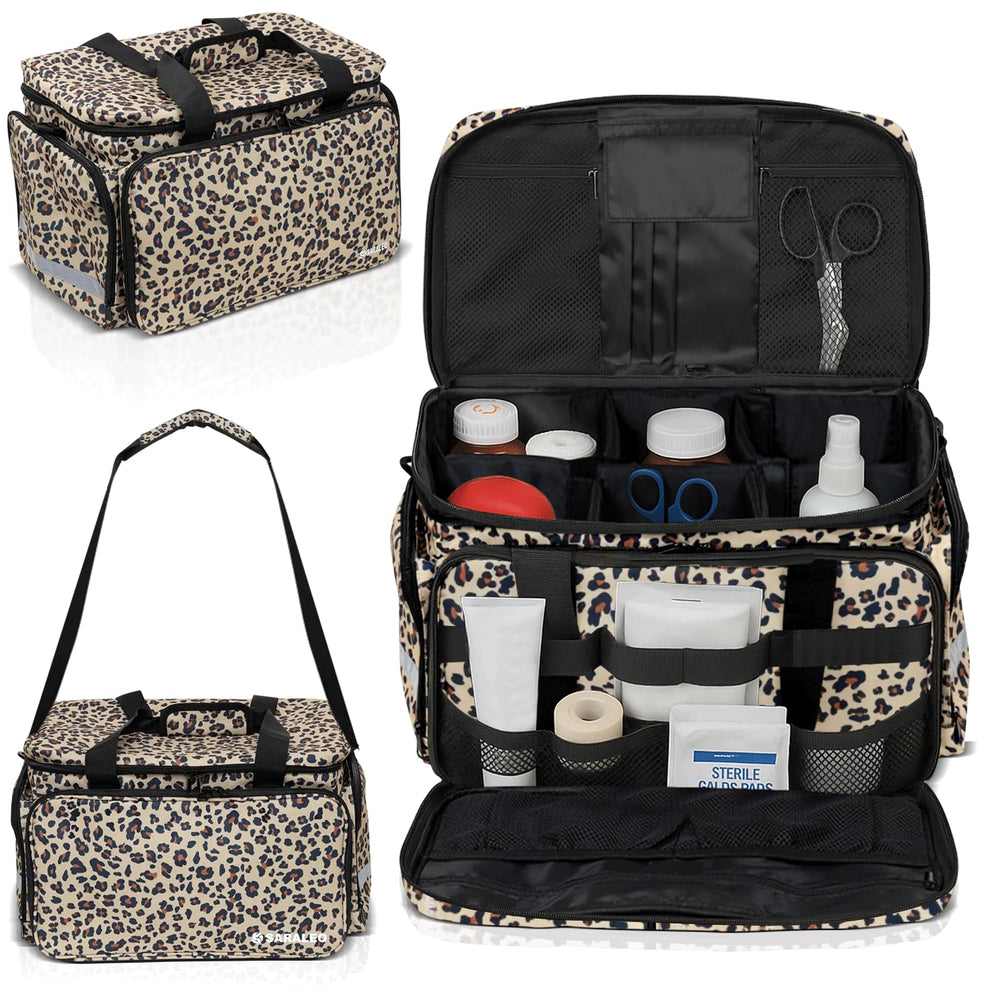 SARALEO Leopard Medical Bag Organizer front view demonstrating organized professional setup for clinicians