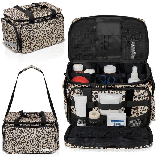 SARALEO Leopard Medical Bag Organizer front view demonstrating organized professional setup for clinicians