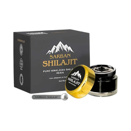 Sarban Shilajit gold-grade resin jar with spoon for precise daily dosing.