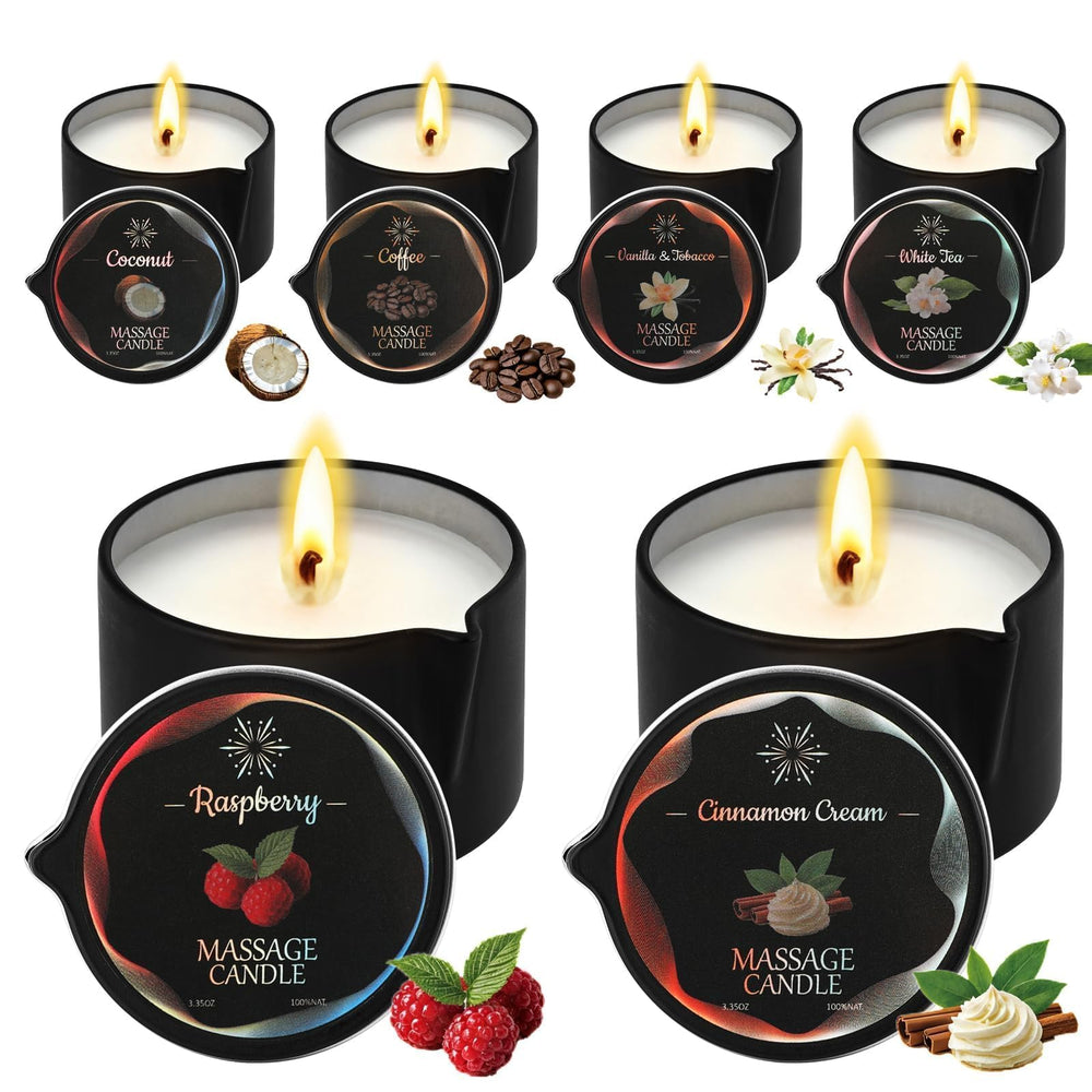 Sariiraw 6-pack low-temp massage candle set, cozy home spa ambiance.