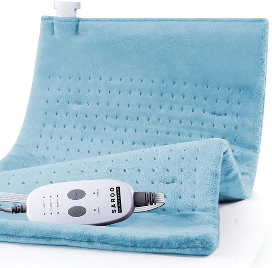 SAROO heating pad in soft velvet fabric delivers cozy warmth across 12x24 inch coverage.