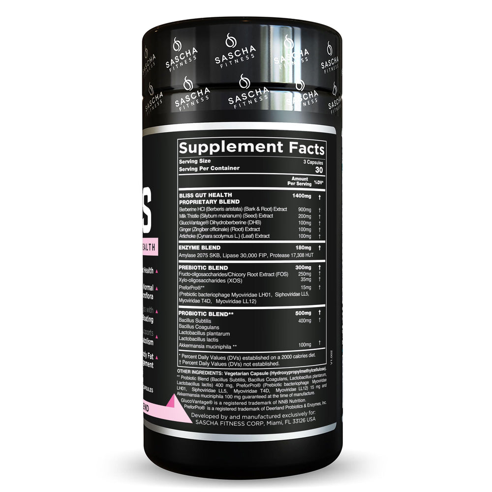 SASCHA FITNESS Bliss bottle on kitchen counter with label highlighting prebiotic and probiotic blend.