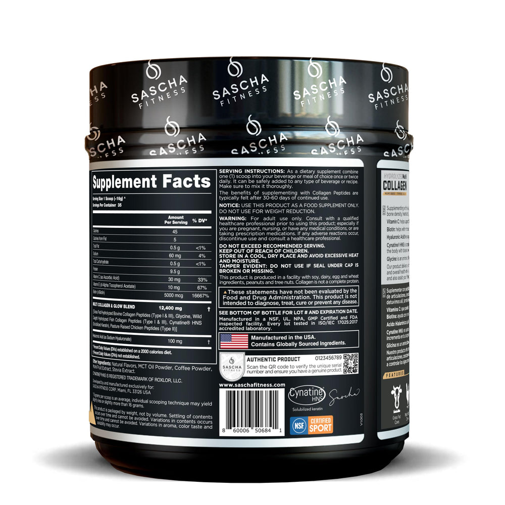 SASCHA FITNESS caramel macchiato flavored powder in a glass suggests tasty wellness routine