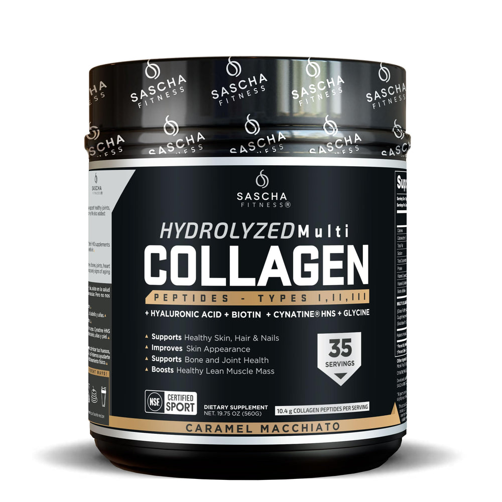 SASCHA FITNESS hydrolyzed collagen bottle showing premium blend for skin, hair, and bone support