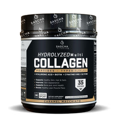SASCHA FITNESS hydrolyzed collagen bottle showing premium blend for skin, hair, and bone support