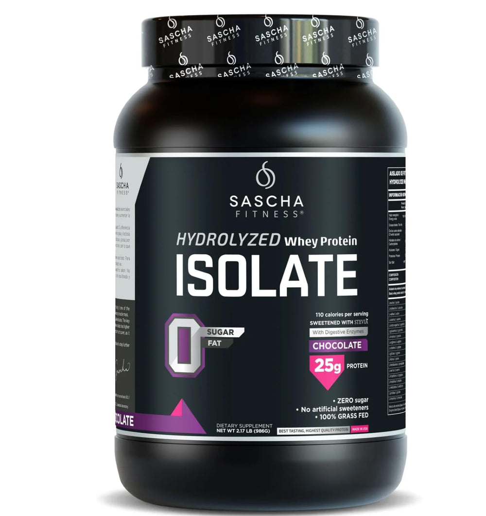 SASCHA FITNESS hydrolyzed whey protein isolate bottle poured for a quick shake