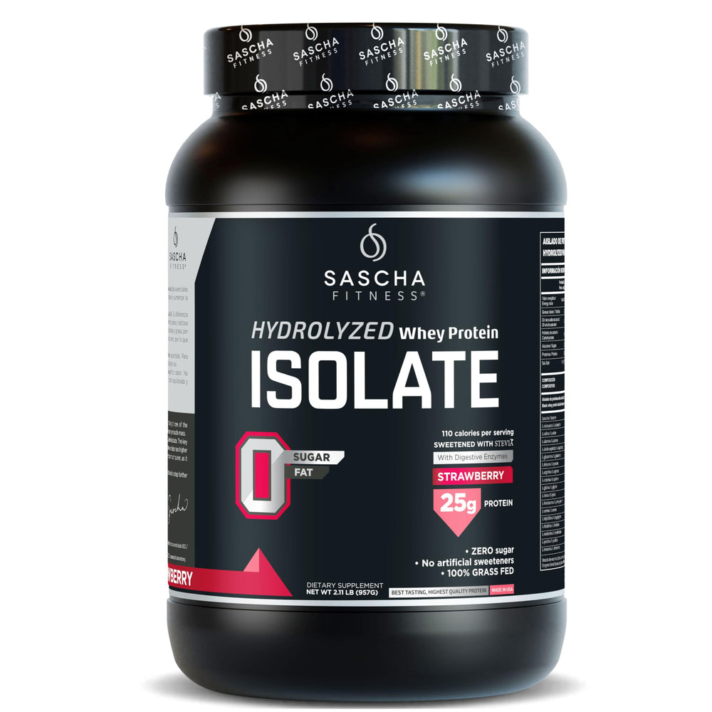 SASCHA FITNESS hydrolyzed whey protein isolate bottle showing fast-absorption nutrition for workouts