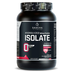 SASCHA FITNESS hydrolyzed whey protein isolate bottle showing fast-absorption nutrition for workouts