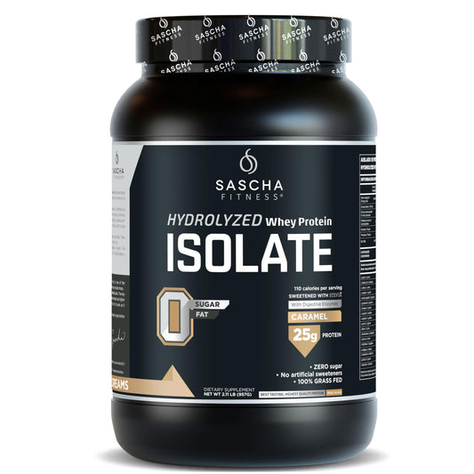 SASCHA FITNESS Hydrolyzed Whey Protein Isolate Caramel front-pack shot highlighting 25g protein per serving