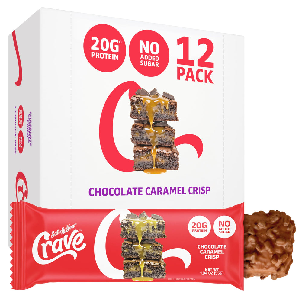 SATISFY YOUR CRAVE Crave Bars Chocolate Caramel Crisp on shelf, protein-packed indulgence for busy mornings.