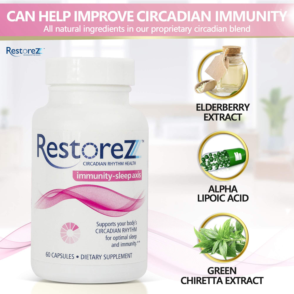 Pouring RestoreZ Sleep capsules into a glass beside a soft night light.