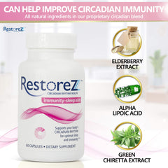 Pouring RestoreZ Sleep capsules into a glass beside a soft night light.