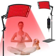 SAVILER red light therapy lamp on a 60-inch stand, front view for convenient home sessions.