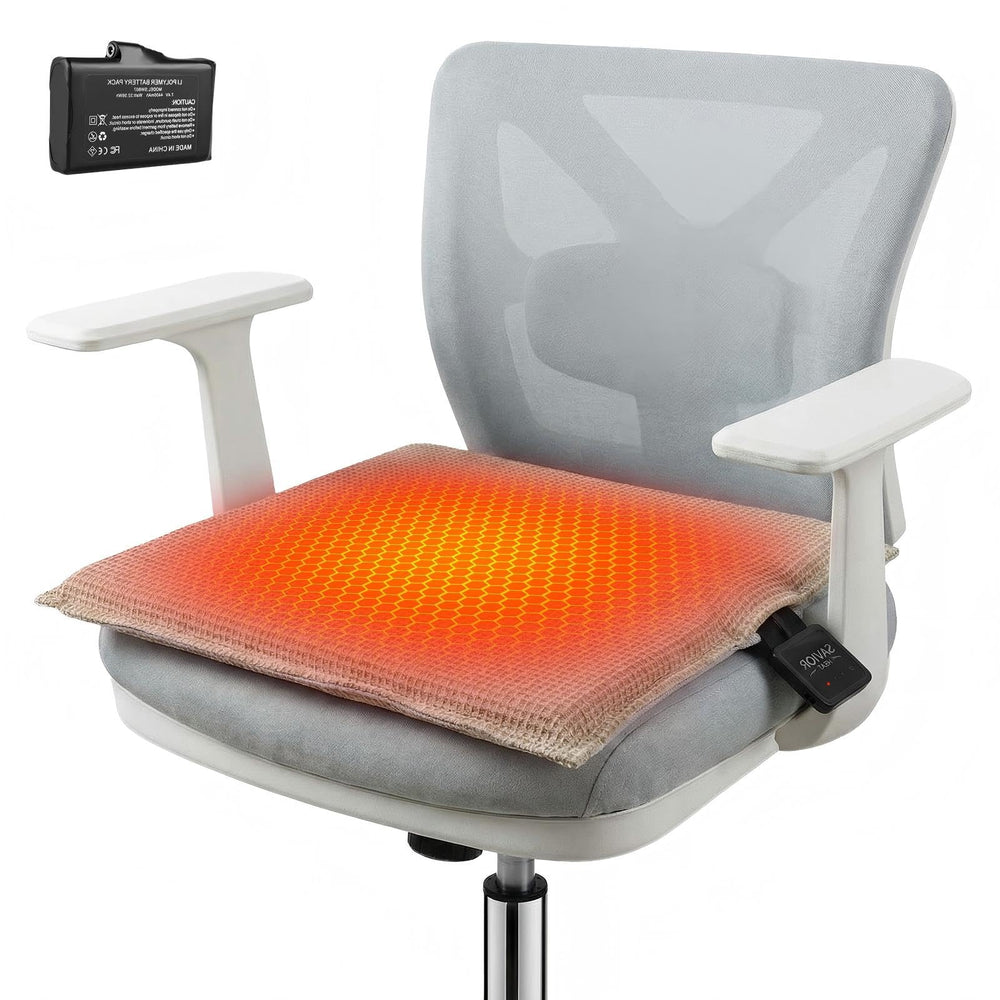 SAVIOR HEAT portable heated seat cushion on a chair for instant warmth during work or travel.