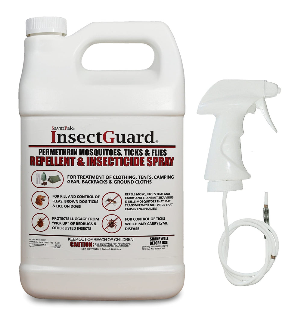 SavPak InsectGuard bottle pour showing ready-to-use permethrin for clothing protection