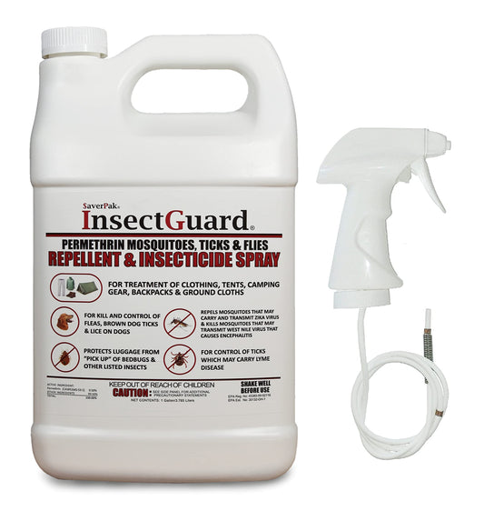 SavPak InsectGuard bottle pour showing ready-to-use permethrin for clothing protection