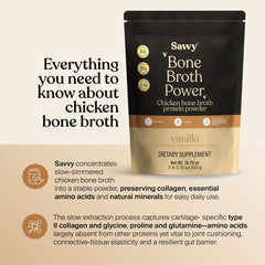 SAVVY Bone Broth Power Vanilla Protein Powder mix in coffee emphasizes easy keto-friendly energy