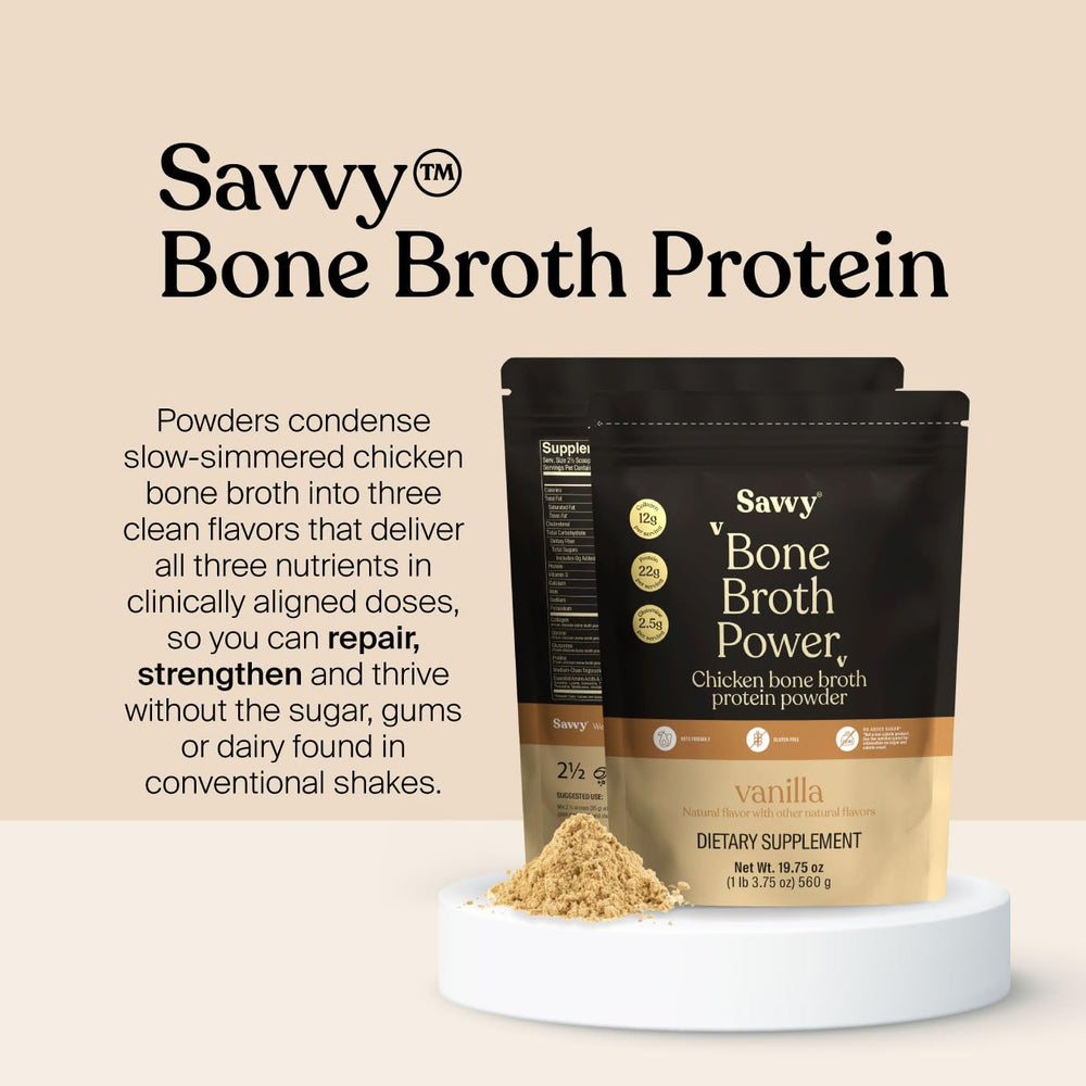 SAVVY Bone Broth Power Vanilla image with energy-ready setup suggests keto-friendly daily shake