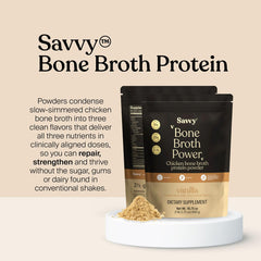 SAVVY Bone Broth Power Vanilla image with energy-ready setup suggests keto-friendly daily shake