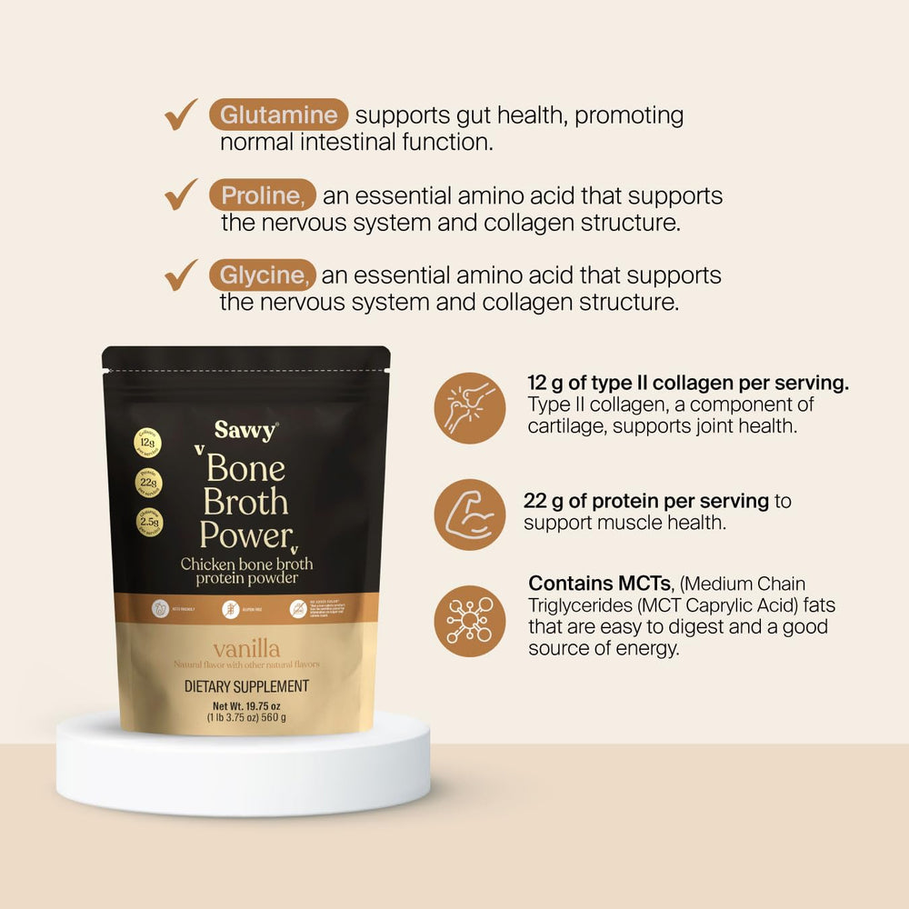 SAVVY Bone Broth Power Vanilla Protein Powder smoothie bowl shows versatile dairy-free nutrition