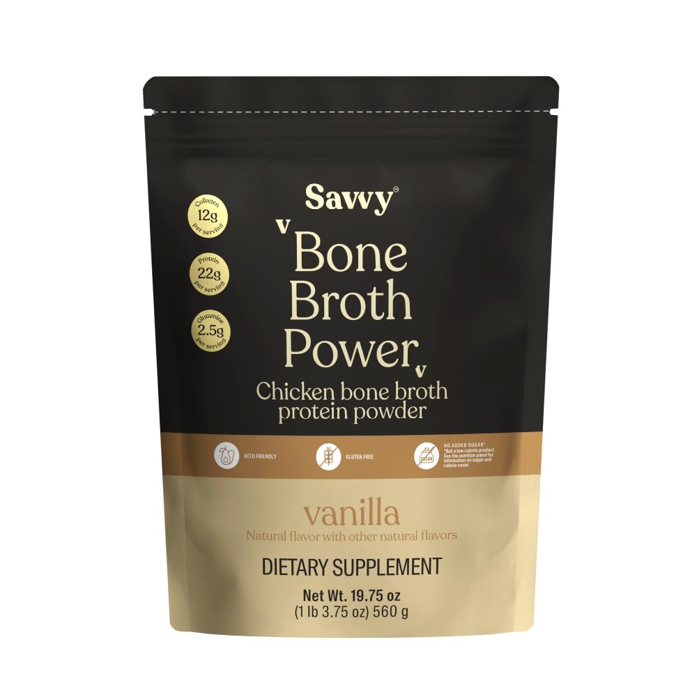 SAVVY Bone Broth Power Vanilla Protein Powder tub front view highlighting 22g protein per serving