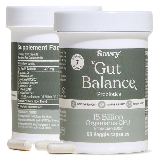SAVVY Gut Balance Probiotics bottle on a countertop supporting daily digestive wellness