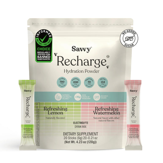 SAVVY Recharge box showing lemon and watermelon flavors for on-the-go hydration.