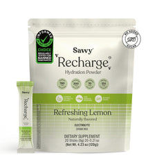 Savvy Recharge box with sachets ready for on-the-go hydration.