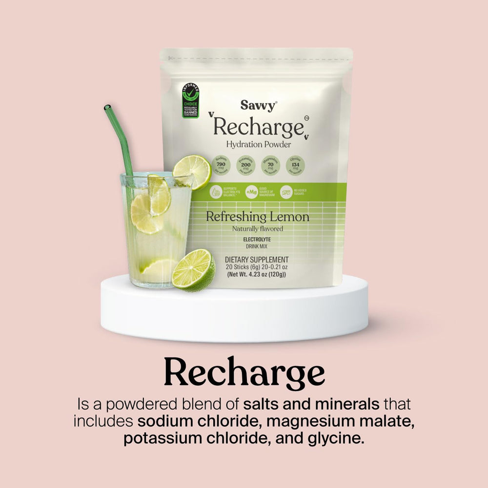 Savvy Recharge travel sachets in bag for daily hydration on the move.
