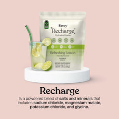 Savvy Recharge travel sachets in bag for daily hydration on the move.