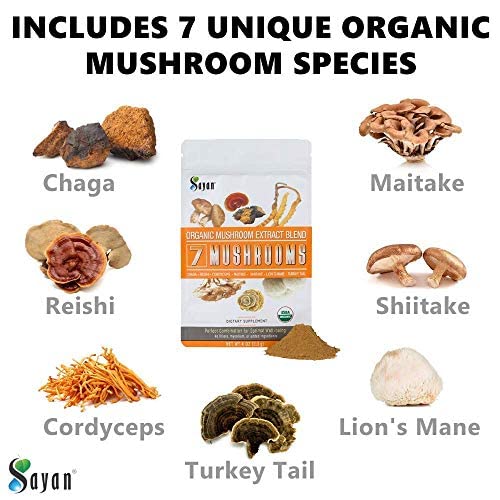 Sayan 7 Mushrooms bottle pour demonstrates convenient daily immune and energy support