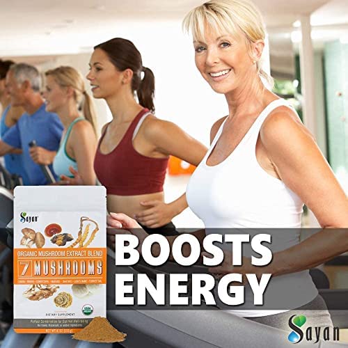 Sayan 7 Mushrooms powder scoop emphasizes versatile use in coffee, tea, or smoothies