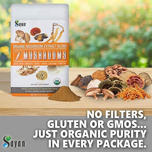 Sayan 7 Mushrooms smoothie image shows superfood blend fueling workouts