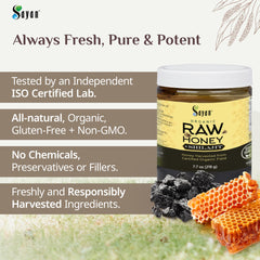 Sayan Organic Honey label detail shows clean ingredients and additive-free formula
