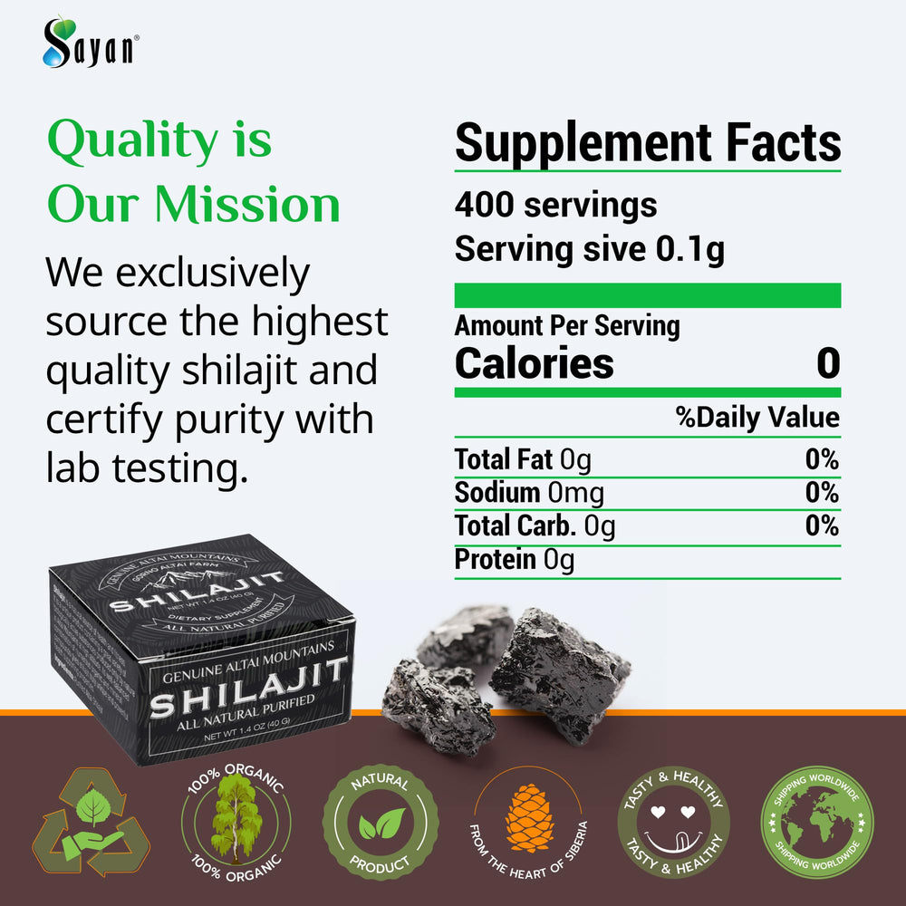 Sayan Pure Shilajit Resin packaging box conveys 265 servings promise.