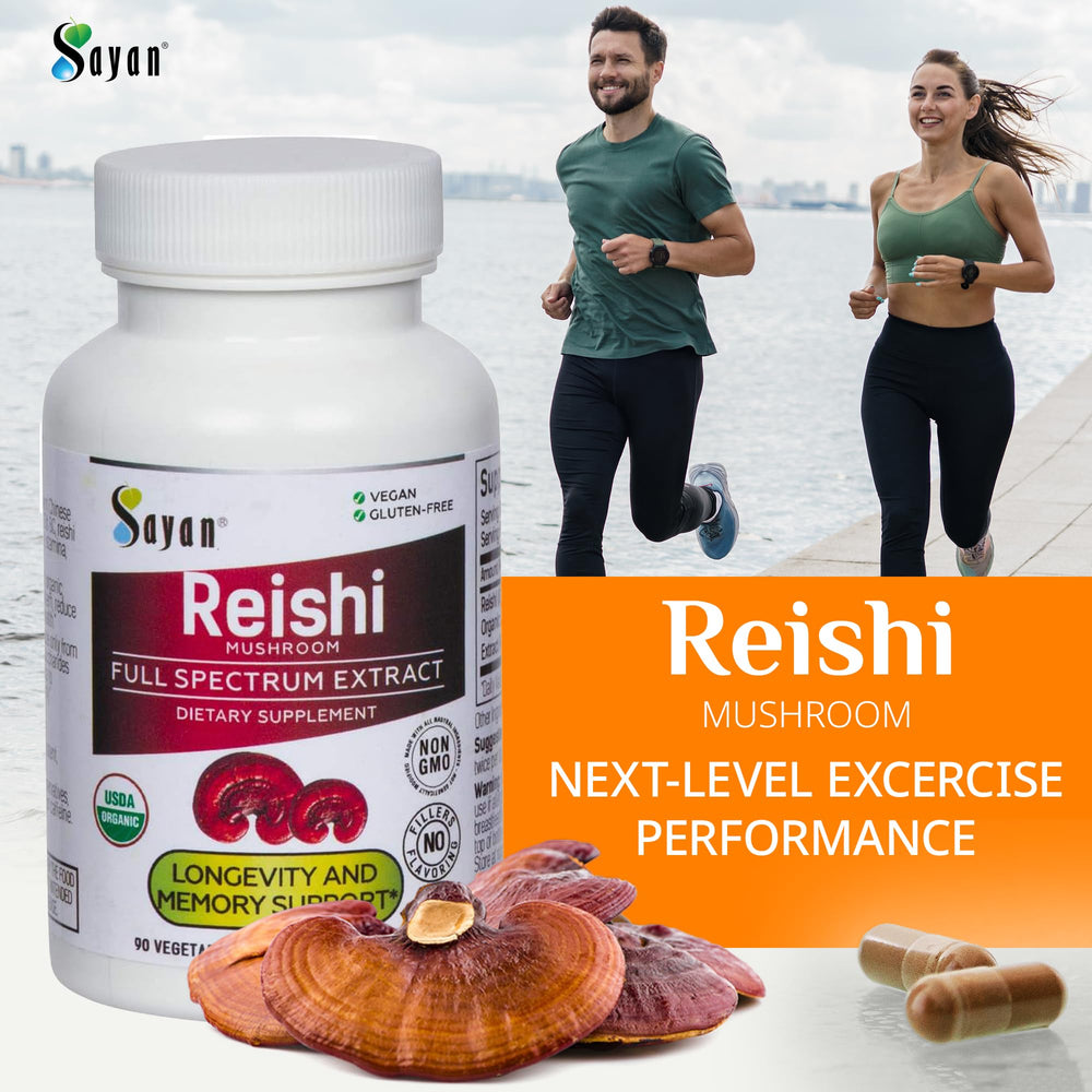 Sayan Reishi bottle label detail emphasizing purity and non-GMO formula.