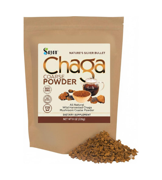Sayan Siberian Chaga Powder 8oz packaging showcases premium wild-harvest quality for daily use.