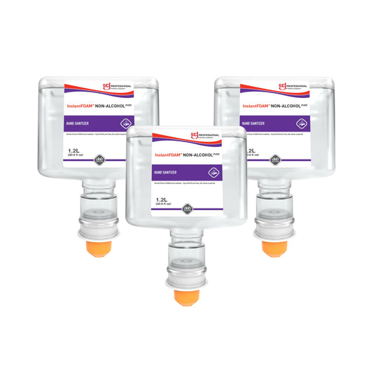 SC Johnson InstantFOAM non-alcohol sanitizer bottle dispenses moisturizing foam for quick hand hygiene