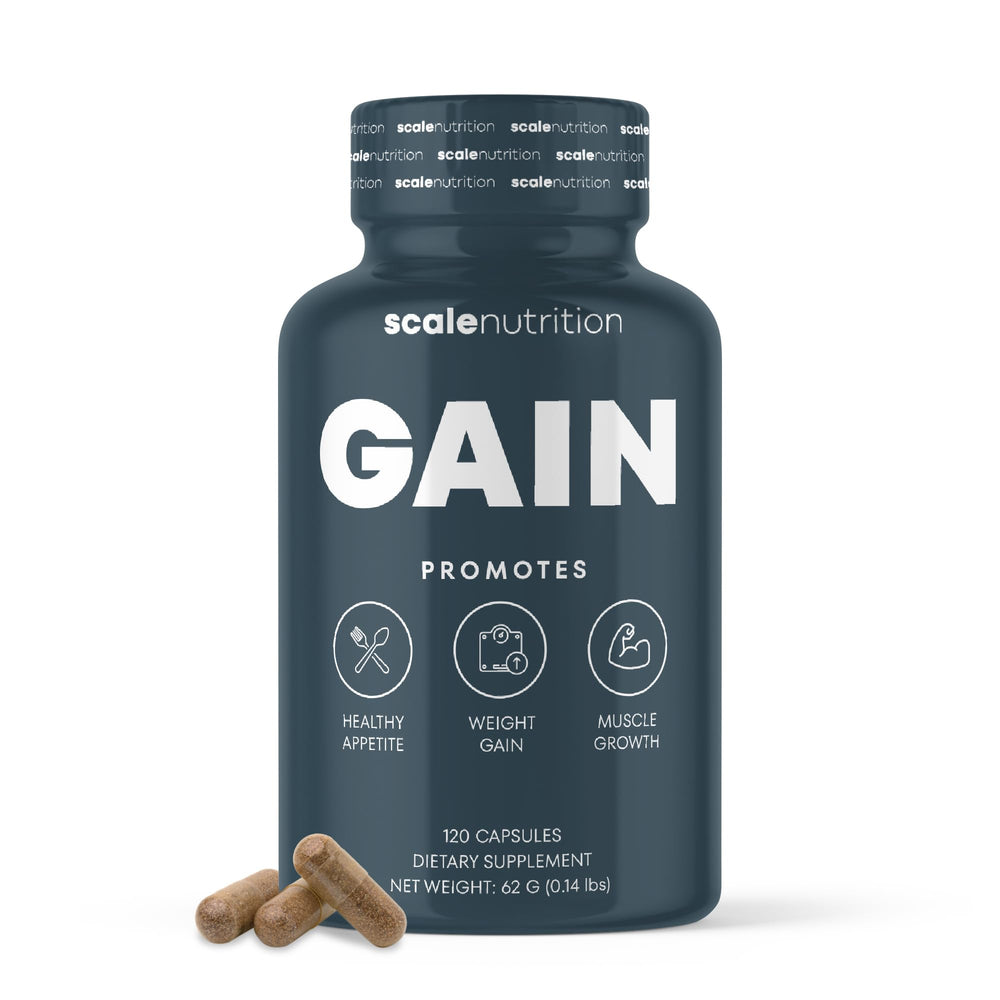 Scale Nutrition Gain bottle front showing natural appetite support ingredients