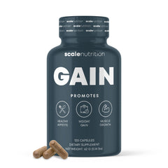 Scale Nutrition Gain bottle front showing natural appetite support ingredients