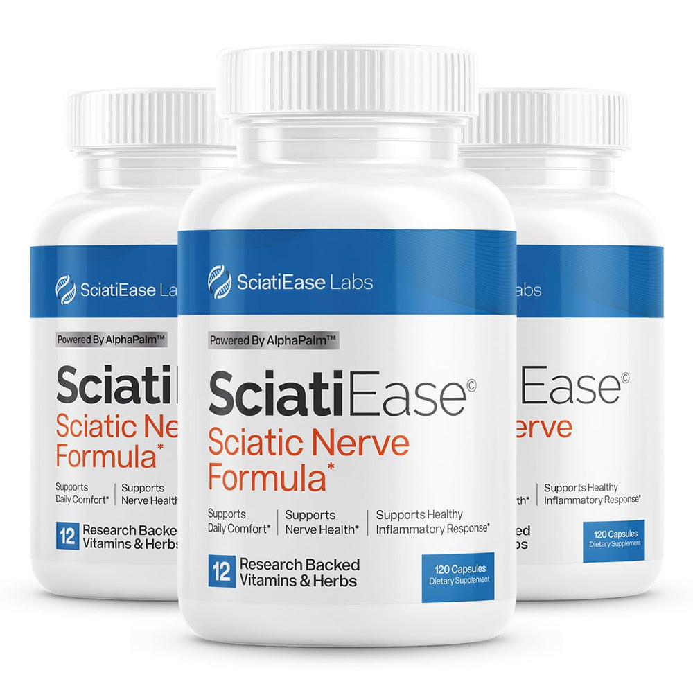 SciatiEase sciatic nerve health bottle close-up for daily nerve support and comfort