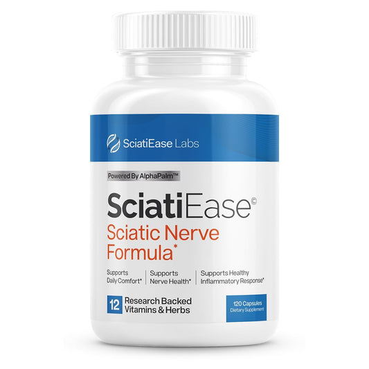 SciatiEase bottle with sciatic nerve supplement capsules for daily nerve support.