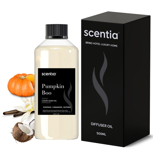 Scentia Pumpkin Boo bottle pour illustrating warm pumpkin spice aroma for diffusers
