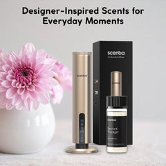 Scentia Secret Voyage in bedroom scene with jasmine and cedar notes.