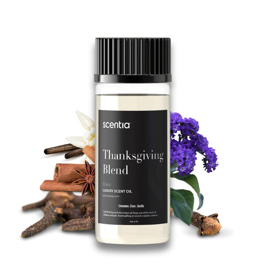 Scentia Thanksgiving Blend bottle releasing warm cinnamon and vanilla aroma for cozy spaces.