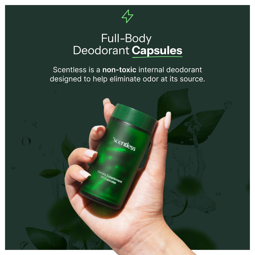 Scentless ingredients chlorophyll parsley mint highlighted for natural odor control.