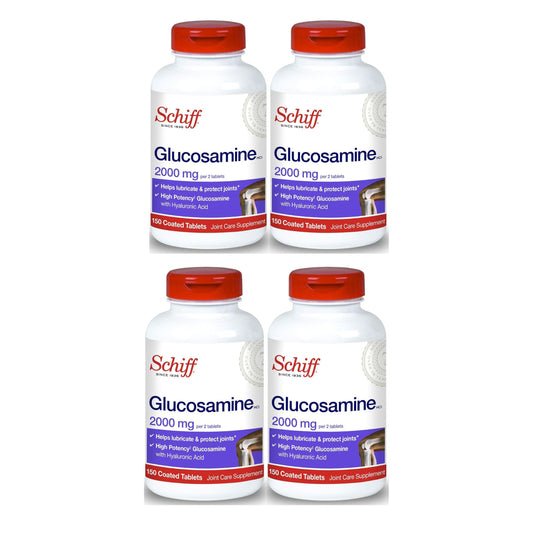 Schiff Glucosamine 2000mg bottle shows joint support with hyaluronic acid.