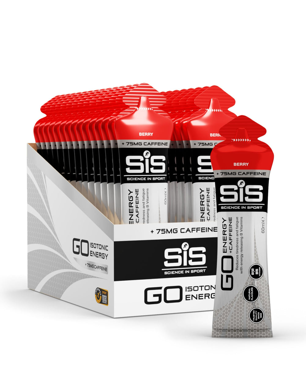 Science in Sport SIS Gel GO Energy + CAFF Berry packaging shows vegan formula for on-the-go energy.